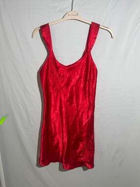 ⁠Inner Most Vintage Red Satin Slip Dress Womens Embroidered Nightgown Romantic C